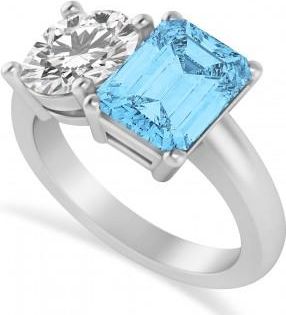 Allurez Emerald/Round Diamond & Blue Topaz Toi et Moi Ring 14k White Gold (4.50ct)
