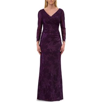 La Femme Chic Stretch Lace Evening Dress with Ruching and V Neckline in Eggplant at Nordstrom, Size 10