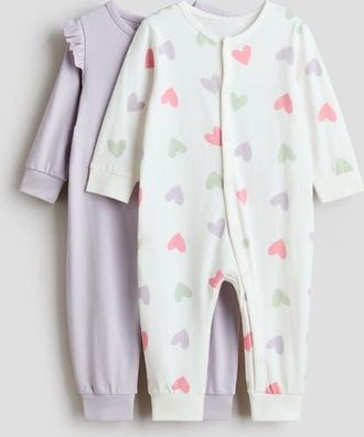 H&M 2-pack cotton pajama jumpsuits in Light Purple/hearts at Nordstrom, Size Newborn