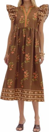Entro Split Neck Floral Framed Midi Dress In Brown