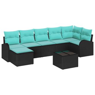 vidaXL Juego De Sof&aacute; 8 Uds. Negro Y Turquesa Rat&aacute;n Sint&eacute;tico Vidaxl