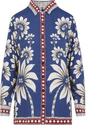 Farm Rio floral palm button-down top - women - Viscose - S - Blue