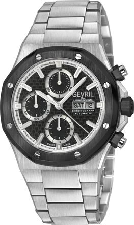 Gevril Group Mens Kingsgate Chronograph SS Case,Black Bezel, Black Dial, Stainless Steel Satin Bracelet. - Silver - One Size