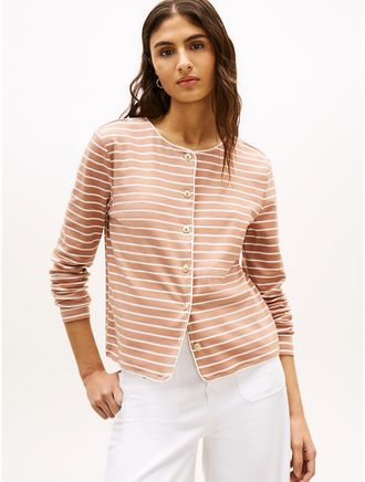 Tommy Hilfiger Womens Stripe Cotton Interlock Cardigan T-Shirt - Brown - XXL