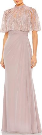 Mac Duggal High Neck Embellished Hand Beaded Cape Evening Gown in Rose at Nordstrom, Size 14