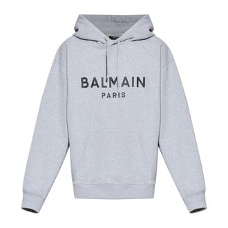 Balmain Hoodies, male, Gray, Size: 2XL Printed cotton hoodie