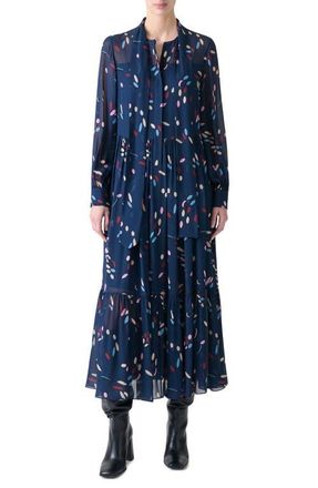 Akris Dropping Dots Print Long Sleeve Georgette Midi Shirtdress in Ink-Multicolor at Nordstrom, Size 4