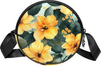 Generic Circle Crossbody Bag for Women, Floral Leaves Small Sling Bag Daypack with Zipper Adjustable Shoulder Straps Casual Ladies Girls Round Purse