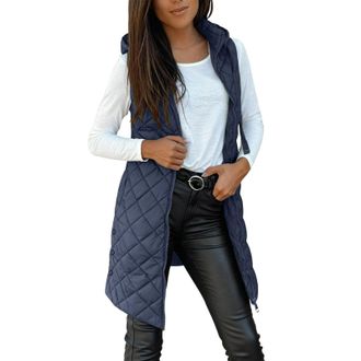 Generic Gilet for Women Womens Long Quilted Gilets Ladies Sleeveless Zip up Hoodies Warm Jacket Vest Longline Thick Padded Waistcoat Warm Winter Coats Puffer 