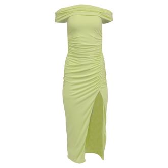 Self Portrait Off-Shoulder Ruched Midi Dress in Lime Green Viscose
