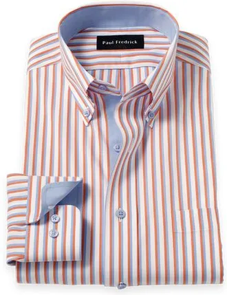 Paul Fredrick Cotton Spandex Buttondown Collar Pinpoint Tailored Contrast Trim Button Cuff Long Sleeve in White/melon at Nordstrom, Size 16.5