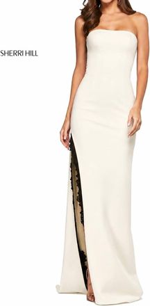 Sherri Hill Strapless Corset Gown Lace Slit Dress In Ivory/black