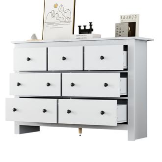 STILVORA Aparador Con 7 Cajones Y Sistema Antivuelco, Estilo Campestre Para Comedor En Tablero De Part&iacute;culas, 152 &times; 40 &times; 89 Cm, Blanco