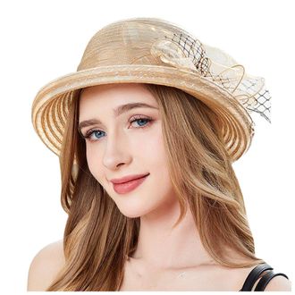Generic Lace Sun Hat Women Fascinators Wide Brim Wedding Bowler Hats Cap Breathable Bucket Hats Sun Protection for Church Tea Party Wedding Hats Khaki
