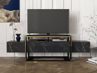 Vente-Unique 2-Compartment TV Unit - Black & Gold Marble Effect - COMEBI II