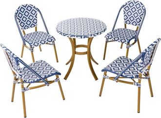 Beliani Conjunto De Comedor De Jard&iacute;n 4 Plazas Tablero De Rat&aacute;n Pe Blanco Y Azul Mesa &Oslash; 70 Y 4 Sillas Apilables De Aluminio Rifreddo