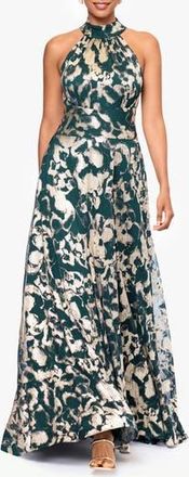 Betsy & Adam Metallic Floral High Neck Sleeveless Gown in Green/gold at Nordstrom Rack, Size 8