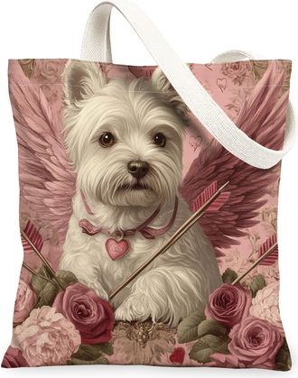 Generic Valentines Day Westie Dog Canvas Tote Bag for Shopping 13x15, Vintage Puppy Reusable Grocery Print Pattern Bag for Women, Retro Pet Beach Aesthetic Pa