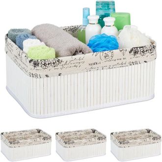 Relaxdays Relaxdays Set of 4 Storage Baskets, Fabric Cover, Retro Pattern, Bamboo, Bathroom Organiser, 16.5x38x28.5 cm, White