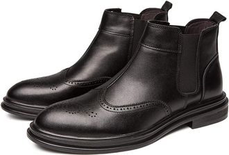 Generic Mens Chelsea Boots Round Toe Wing tip Brogue Embossed Leather Slip On Wearable Anti-slip Non Slip Waterproof Dress Pull On(Black,7.5 UK)