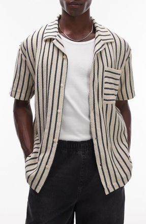 Topman Stripe Knit Camp Shirt in Stone at Nordstrom, Size Xx-Large
