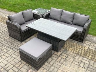 Fimous 6 Seater Outdoor Rattan Garden Furniture Sets Height Adjustable Rising lifting Dining Table Lounge Sofa Set in Dark Grey