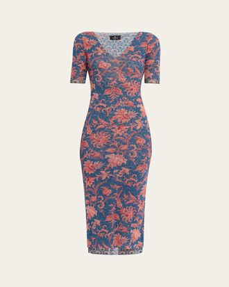 Etro Floral Stretch Tulle Short-Sleeve Midi Dress