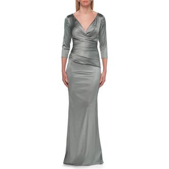 La Femme V-Neck Satin Gown with Ruched Bodice and Sleeves in Dusty Sage at Nordstrom, Size 10