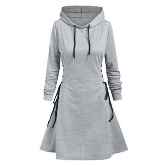 Generic Womens Hoodie Dress Long Sleeve Lace Up Side Drawstring Hooded Sweatshirt Dress Ladies Plus Size Gothic Dress Fall Winter Casual Pullover Dress with P