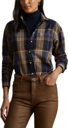 Lauren Ralph Lauren Relaxed Fit Plaid Cotton Button-Up Shirt in Blue/Tan Multi at Nordstrom, Size X-Small