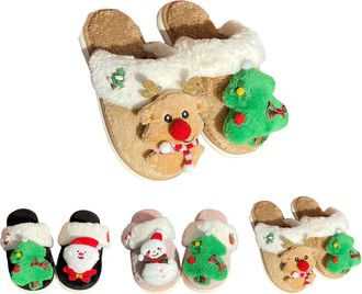 Generic Fluffy Slippers Women, Womens Fashion Closed Toe Winter Slippers with Deer Design Cozy Flat Sole Indoor Outdoor Comfort (Khaki, 5)