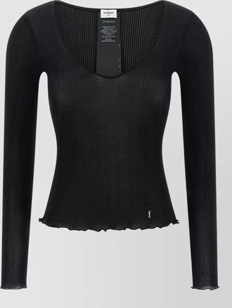Saint Laurent silk ribbed v-neck long-sleeve top