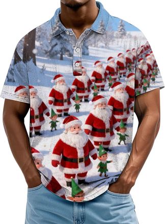 Generic Christmas Polo Shirts for Men Xmas Tree Santa Claus Print Golf Shirt Short Sleeve Mens Polos Button Collar Holiday Tee Tops, A04-Sky Blue, XXL