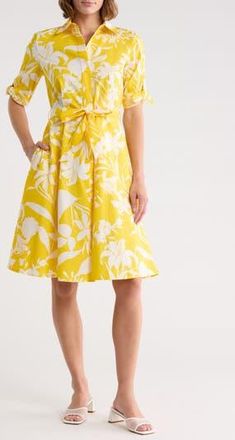 Calvin Klein Floral Tie Sleeve Cotton Shirtdress in Daffodil/Cream at Nordstrom Rack, Size 12