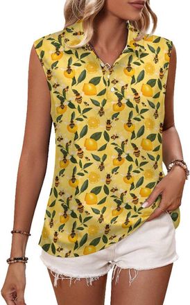 Generic Yellow Lemon and Bee Womens Polo Shirts Sleeveless V Neck Collared Tank Tops Casual Fit Polos L