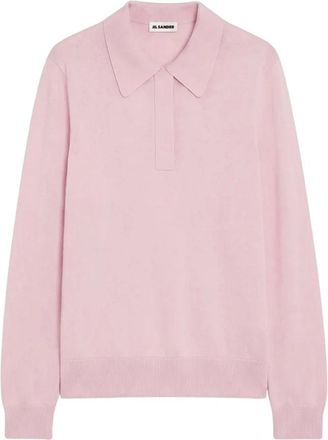 Jil Sander Tops, Heren, Roze, M, Wol, Gebreid Poloshirt met Lange Mouwen