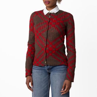 Burberry All-Over Check Pattern Mohair-Blend Cardigan, Size Small