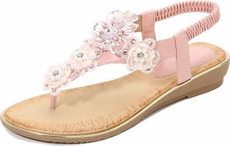 Generic Clip Toe Sandals For Women T-Bar Low Heeled Flat Sandals Wide Fit Orthopedic Ladies Bohemian Sandals Fashion Rhinestone Plus Size Summer Trekking Beac