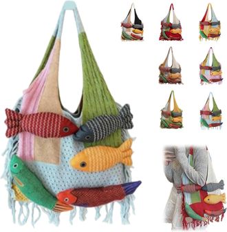 Generic 3D Fish Knitted Tote Bag,Bohemian Fringe Yarn Patchwork Shoulder Bag with Fish Decoration,Womens Cute Cartoon Fishes Handbag (Blue)