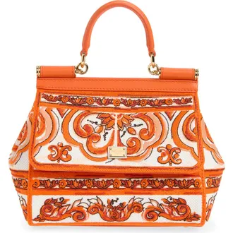 Dolce & Gabbana Small Sicily Majolica Embroidered Top Handle Bag in 81166 Orange at Nordstrom