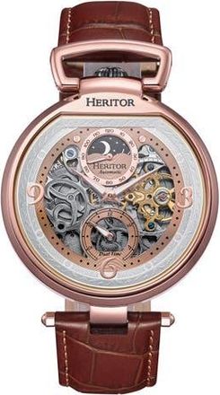 Heritor Lincoln Leather-Band Skeleton Watch with Moon Phase in Brown at Nordstrom