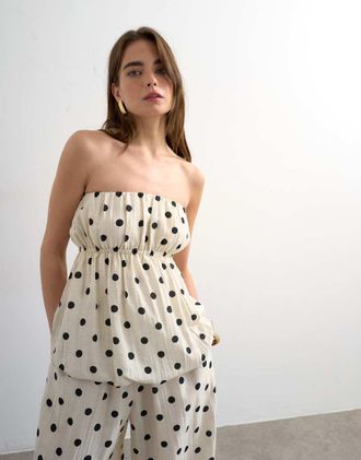 Topshop Top a fascia in lino a pois con fondo a palloncino-Bianco
