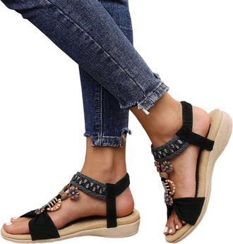 Generic 2026 Womens Casual Beach Bohemian Walking Flat Sandals (Black, 3.5)