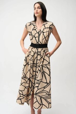 Joseph Ribkoff Abstract Zip Front Flared Dress In Beige/black