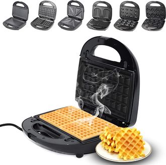 Infinite Plancha Para S&aacute;ndwiches Y Gofres 6 En 1 Con Placas Antiadherentes Extra&iacute;bles, 750 W, Color Negro, Acero Inoxidable, 22,5 X 22 X 10,5 Cm, Doble Calenta