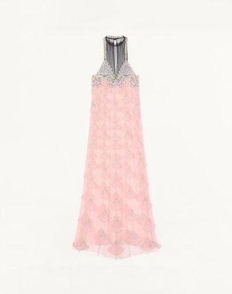 Valentino Abito Lungo In Tulle Illusione Ricamato Donna ROSA/SILVER 40