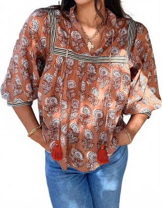 THML Clothing Falling For Florals Tassel Top In Brown Multi
