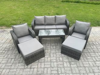 Fimous 7 Seater Rattan Wicker Garden Furniture Patio Conservatory Sofa Set with Rectangular Coffee Table Reclining Chair 2 Big Footstool in Dark Grey