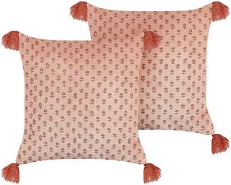 Beliani Conjunto De 2 Cojines De Terciopelo Rosa 45 X 45 Cm Floral Bloque Impreso Rumhora
