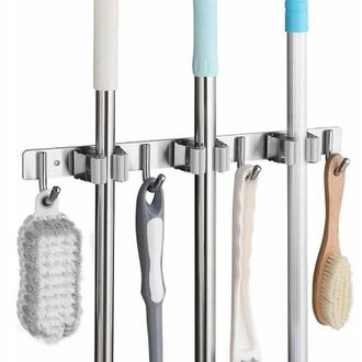 OEM Soporte De Pared Para Escobas De Acero Inoxidable, Estante De Pared Para Escobas Con 3 Ranuras Y 4 Ganchos Para Cocina, Ba&ntilde;o, Garaje Y Jard&iacute;n, Gris, G